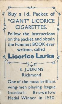 1933 Giant Brand Australian Licorice League and Association Footballers #NNO Stan Judkins Back